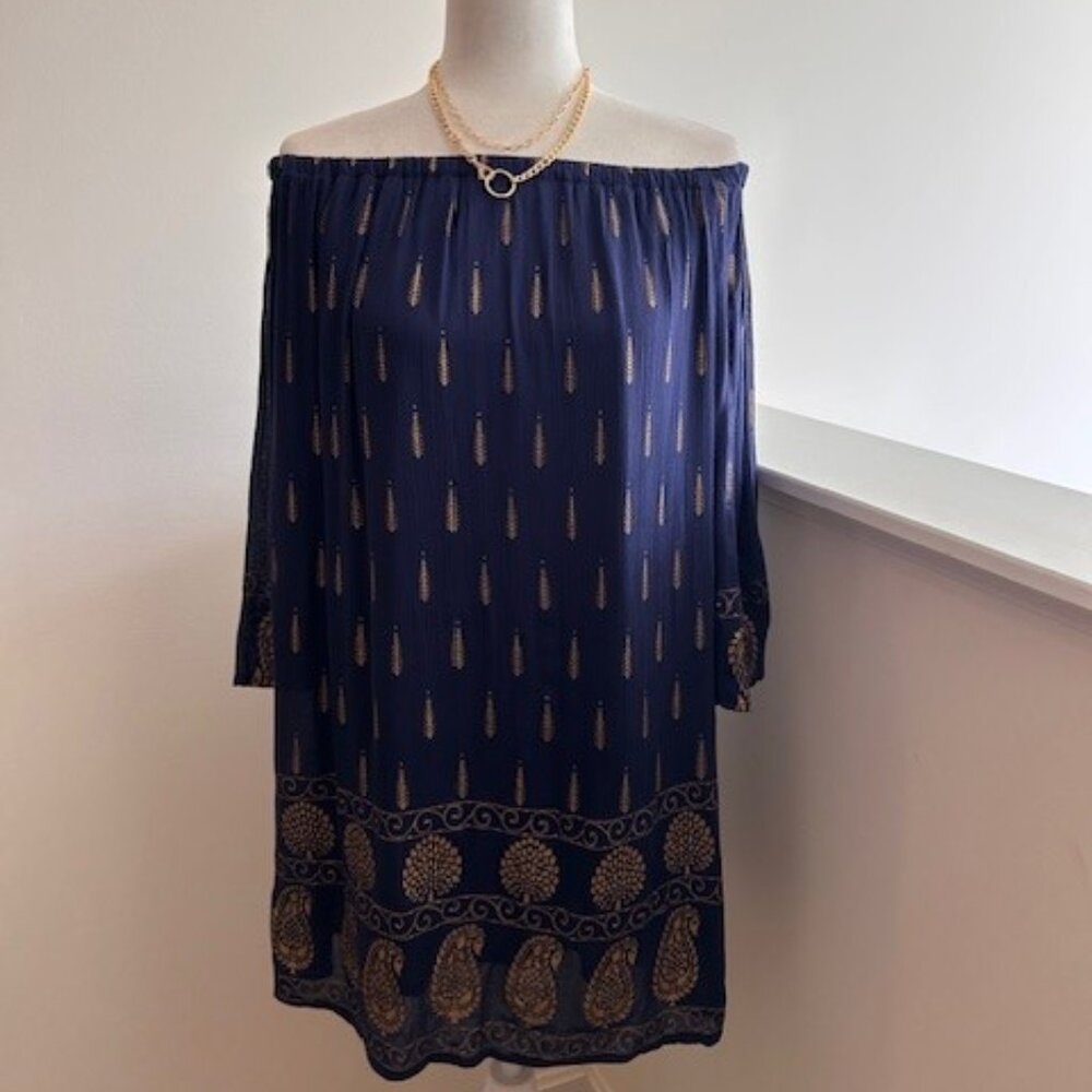 Lapogee off the shoulder blue and gold dress, Size Medium